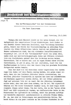Pressedienst des Generalgouvernements / Pressechef der Regierung des Generalgouvernements vom 30.05.1941