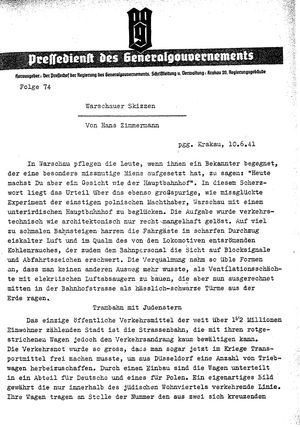 Pressedienst des Generalgouvernements / Pressechef der Regierung des Generalgouvernements vom 10.06.1941