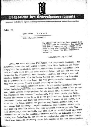 Pressedienst des Generalgouvernements / Pressechef der Regierung des Generalgouvernements vom 29.08.1941