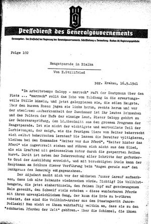 Pressedienst des Generalgouvernements / Pressechef der Regierung des Generalgouvernements vom 16.09.1941