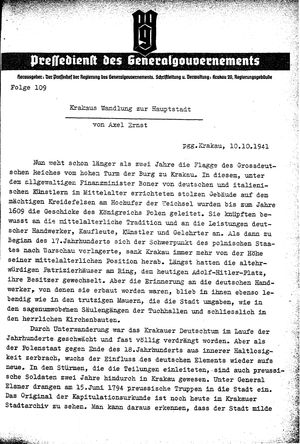 Pressedienst des Generalgouvernements / Pressechef der Regierung des Generalgouvernements vom 10.10.1941