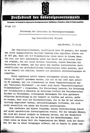 Pressedienst des Generalgouvernements / Pressechef der Regierung des Generalgouvernements vom 17.10.1941