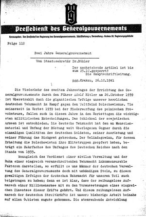 Pressedienst des Generalgouvernements / Pressechef der Regierung des Generalgouvernements vom 21.10.1941