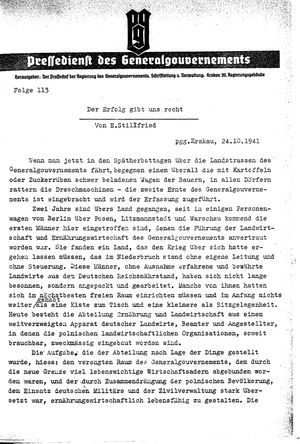 Pressedienst des Generalgouvernements / Pressechef der Regierung des Generalgouvernements vom 24.10.1941