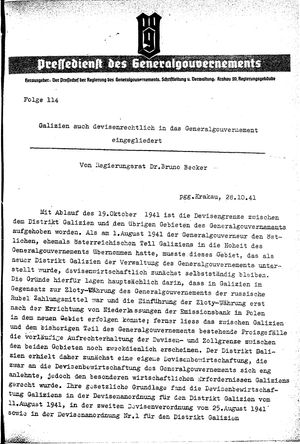 Pressedienst des Generalgouvernements / Pressechef der Regierung des Generalgouvernements vom 28.10.1941