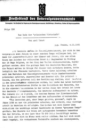 Pressedienst des Generalgouvernements / Pressechef der Regierung des Generalgouvernements vom 04.11.1941