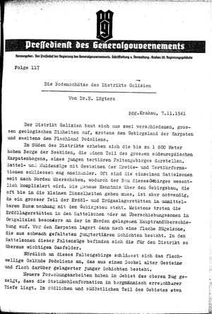 Pressedienst des Generalgouvernements / Pressechef der Regierung des Generalgouvernements vom 07.11.1941
