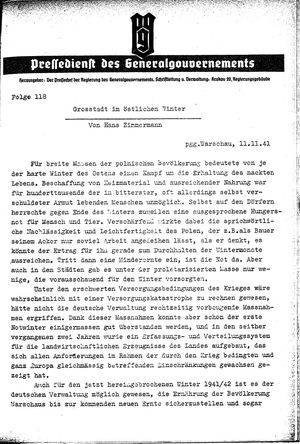Pressedienst des Generalgouvernements / Pressechef der Regierung des Generalgouvernements vom 11.11.1941