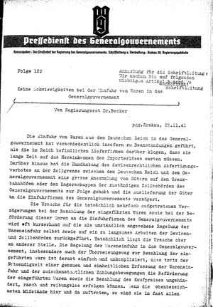 Pressedienst des Generalgouvernements / Pressechef der Regierung des Generalgouvernements vom 25.11.1941