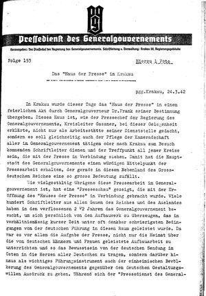 Pressedienst des Generalgouvernements / Pressechef der Regierung des Generalgouvernements vom 24.03.1942