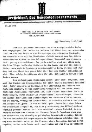 Pressedienst des Generalgouvernements / Pressechef der Regierung des Generalgouvernements vom 09.10.1942