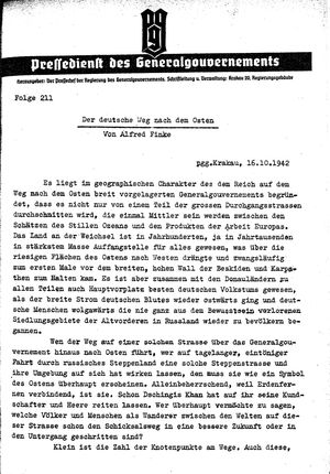 Pressedienst des Generalgouvernements / Pressechef der Regierung des Generalgouvernements vom 16.10.1942