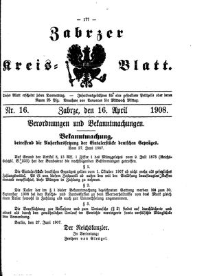 Zabrzer Kreis-Blatt vom 16.04.1908