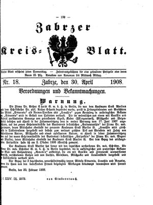 Zabrzer Kreis-Blatt vom 30.04.1908