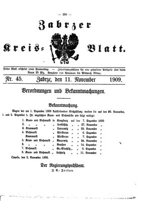 Zabrzer Kreis-Blatt vom 11.11.1909