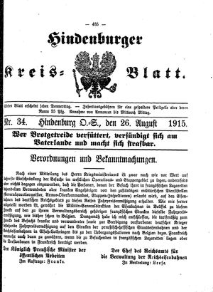 Zabrzer (Hindenburger) Kreisblatt vom 26.08.1915