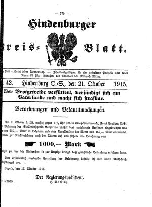 Zabrzer (Hindenburger) Kreisblatt on Oct 21, 1915