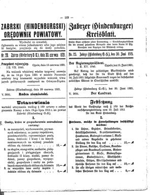 Zabrzer (Hindenburger) Kreisblatt vom 30.06.1921