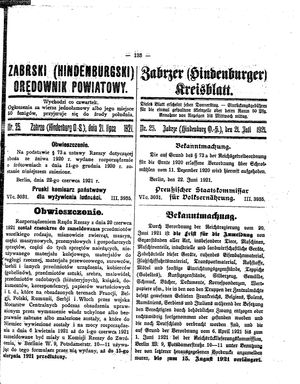 Zabrzer (Hindenburger) Kreisblatt vom 21.07.1921