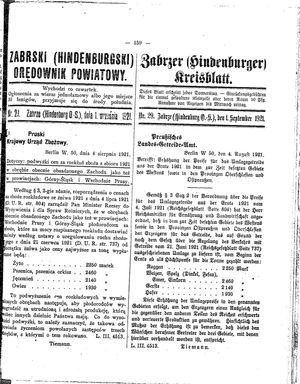 Zabrzer (Hindenburger) Kreisblatt vom 01.09.1921