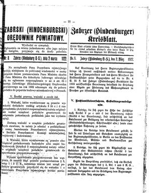 Zabrzer (Hindenburger) Kreisblatt vom 02.03.1922