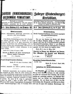 Zabrzer (Hindenburger) Kreisblatt vom 20.04.1922