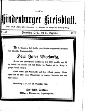 Zabrzer (Hindenburger) Kreisblatt vom 14.12.1922