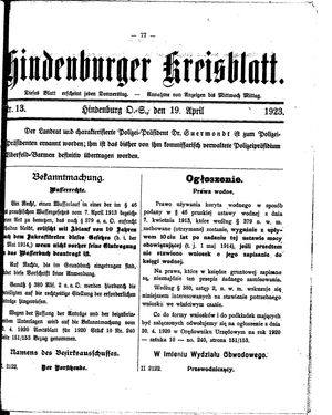 Zabrzer (Hindenburger) Kreisblatt vom 19.04.1923