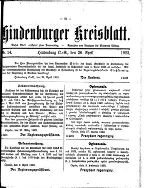 Zabrzer (Hindenburger) Kreisblatt vom 26.04.1923