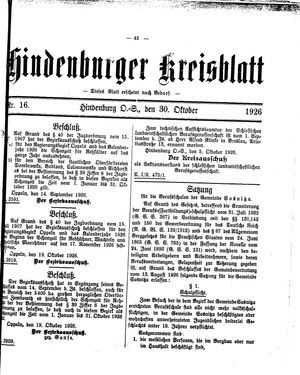 Zabrzer (Hindenburger) Kreisblatt vom 30.10.1926