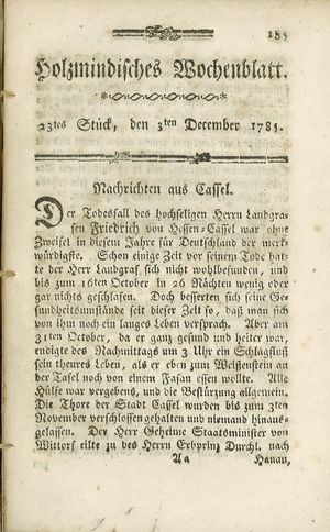 Holzmindisches Wochenblatt vom 03.12.1785