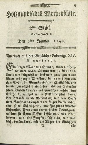 Holzmindisches Wochenblatt on Jan 7, 1792