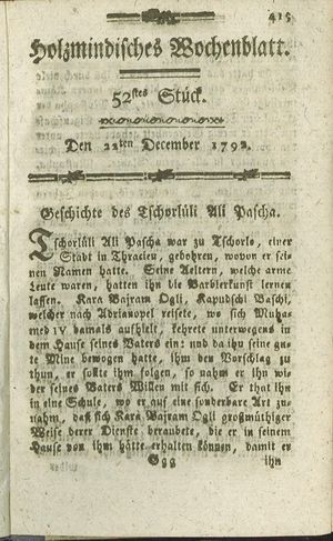 Holzmindisches Wochenblatt vom 22.12.1792