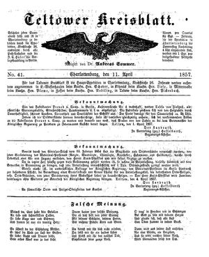 Teltower Kreisblatt vom 11.04.1857