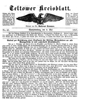 Teltower Kreisblatt vom 09.05.1857