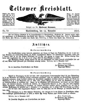 Teltower Kreisblatt vom 14.11.1857
