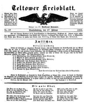 Teltower Kreisblatt vom 27.02.1858