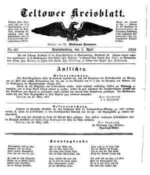 Teltower Kreisblatt vom 03.04.1858