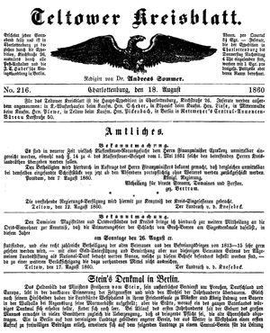 Teltower Kreisblatt vom 18.08.1860