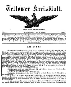 Teltower Kreisblatt vom 02.08.1862