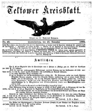 Teltower Kreisblatt vom 29.11.1862