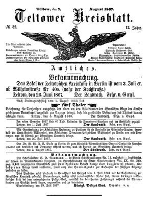 Teltower Kreisblatt vom 07.08.1867