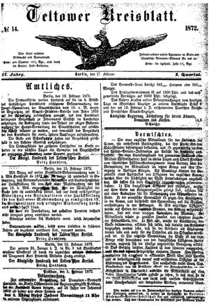 Teltower Kreisblatt vom 17.02.1872