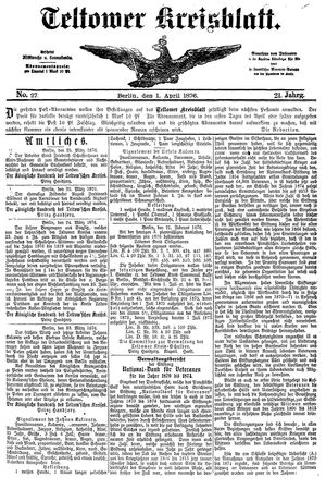 Teltower Kreisblatt vom 01.04.1876