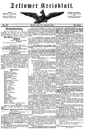 Teltower Kreisblatt on Aug 31, 1881