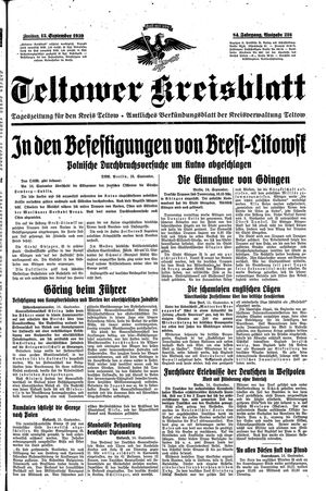 Teltower Kreisblatt vom 15.09.1939