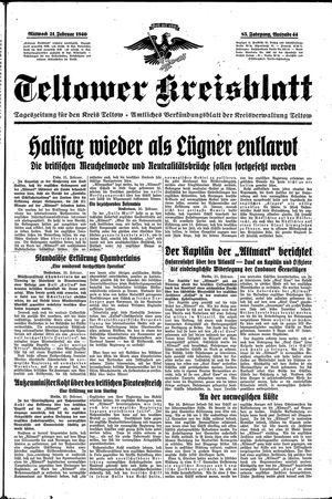 Teltower Kreisblatt vom 21.02.1940