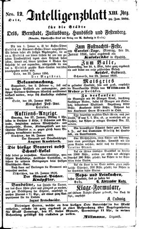 Intelligenzblatt für die Städte Oels, Bernstadt, Juliusburg, Hundsfeld und Festenberg vom 26.01.1856