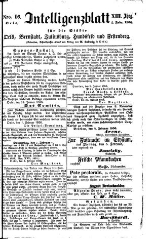 Intelligenzblatt für die Städte Oels, Bernstadt, Juliusburg, Hundsfeld und Festenberg vom 05.02.1856