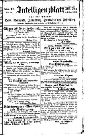 Intelligenzblatt für die Städte Oels, Bernstadt, Juliusburg, Hundsfeld und Festenberg vom 07.02.1856
